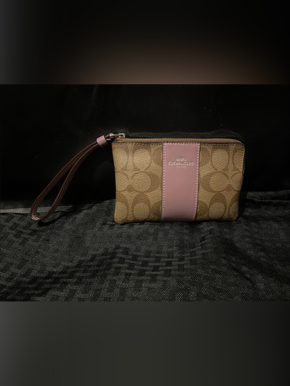 Coach Brown Signature Canvas Wristlet with Pink Stripe/ like new